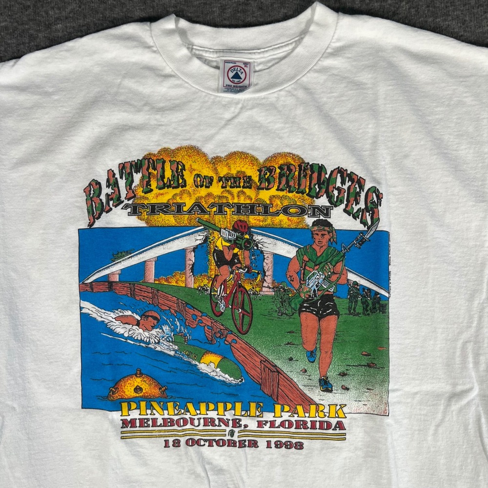 Vintage 1998 Battle of the Bridges Triathlon T-Shirt XL White Florida 90s Delta